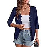 Rapbin Cardigans for Women Lightweight 3/4 Sleeve Crochet Textured Shrug for Dresses Open Front V Neck Button Down Top
