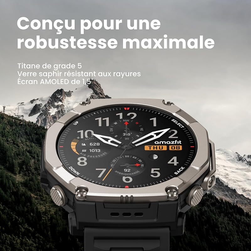 T-Rex Ultra 2 Montre Connectée Outdoor, GPS Double Bande, Boîtier Titane 51 mm, Écran AMOLED 1,5" Verre Saphir, Lampe Torche, 30 Jours Autonomie, Cartes Hors Ligne, 10 ATM, 180+ Modes Sport