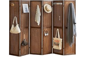 Leesinwing 6 Panel Room Dividers and Folding Privacy Screens, 5.6Ft Wooden Pegboard Display, Privacy Dividers for Bedroom, Portable Dispxlay Board Organizer for Store, Jewelry Display, Dark Brown