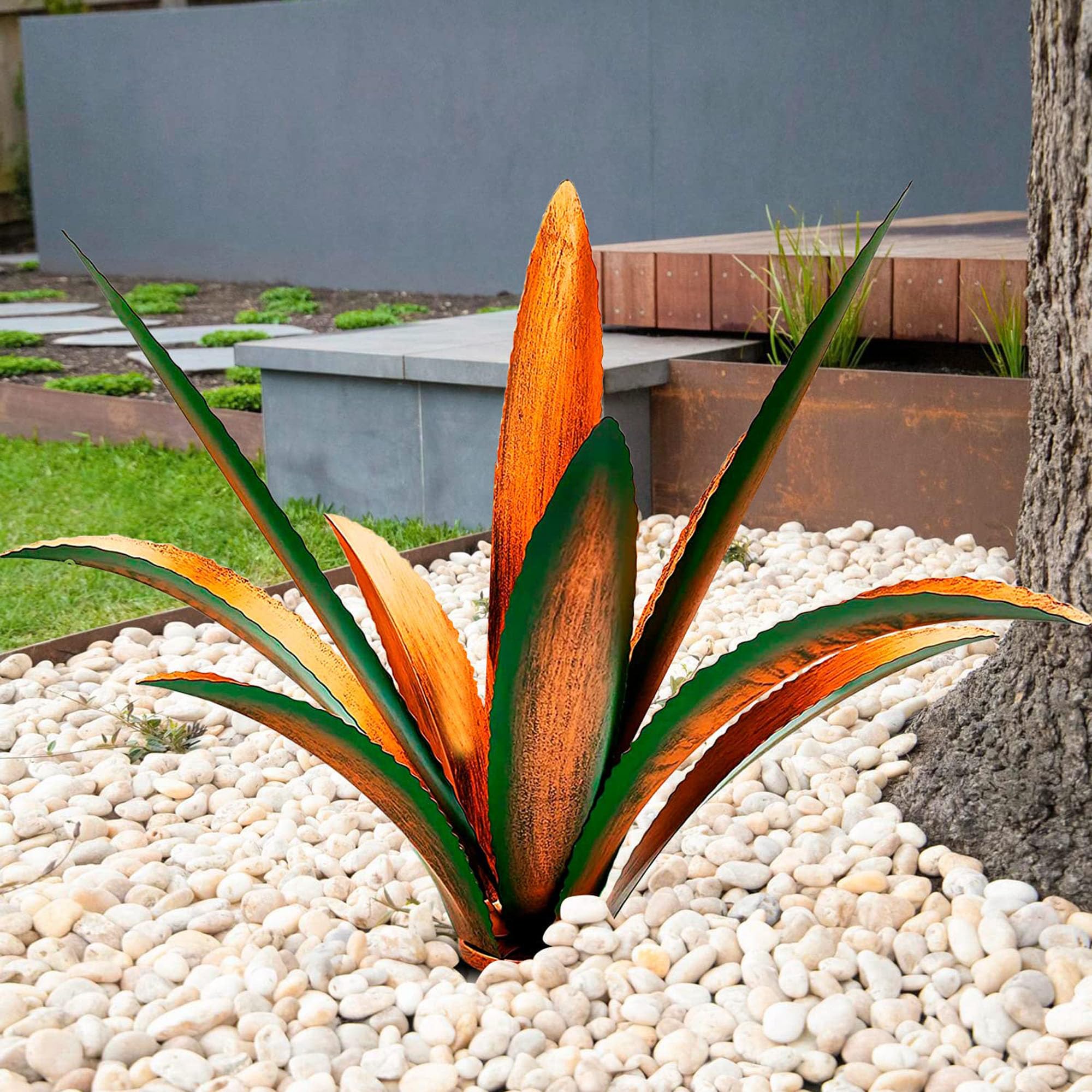 Nitoope Tequila Rustic Sculpture, DIY Metal Agave Plant Figurines for Outdoor Patio Yard, Backyard Decor, Garden Ornaments Outdoor, Present for Mum/Women, Yard Stakes and Planters (Green- 9 leaf)