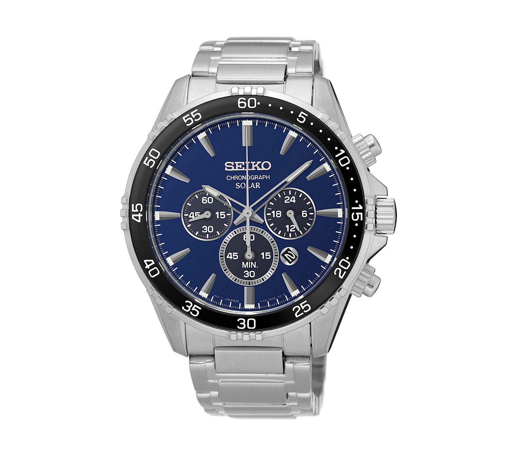 seiko men's solar chronograph silvertone watch with blue dial