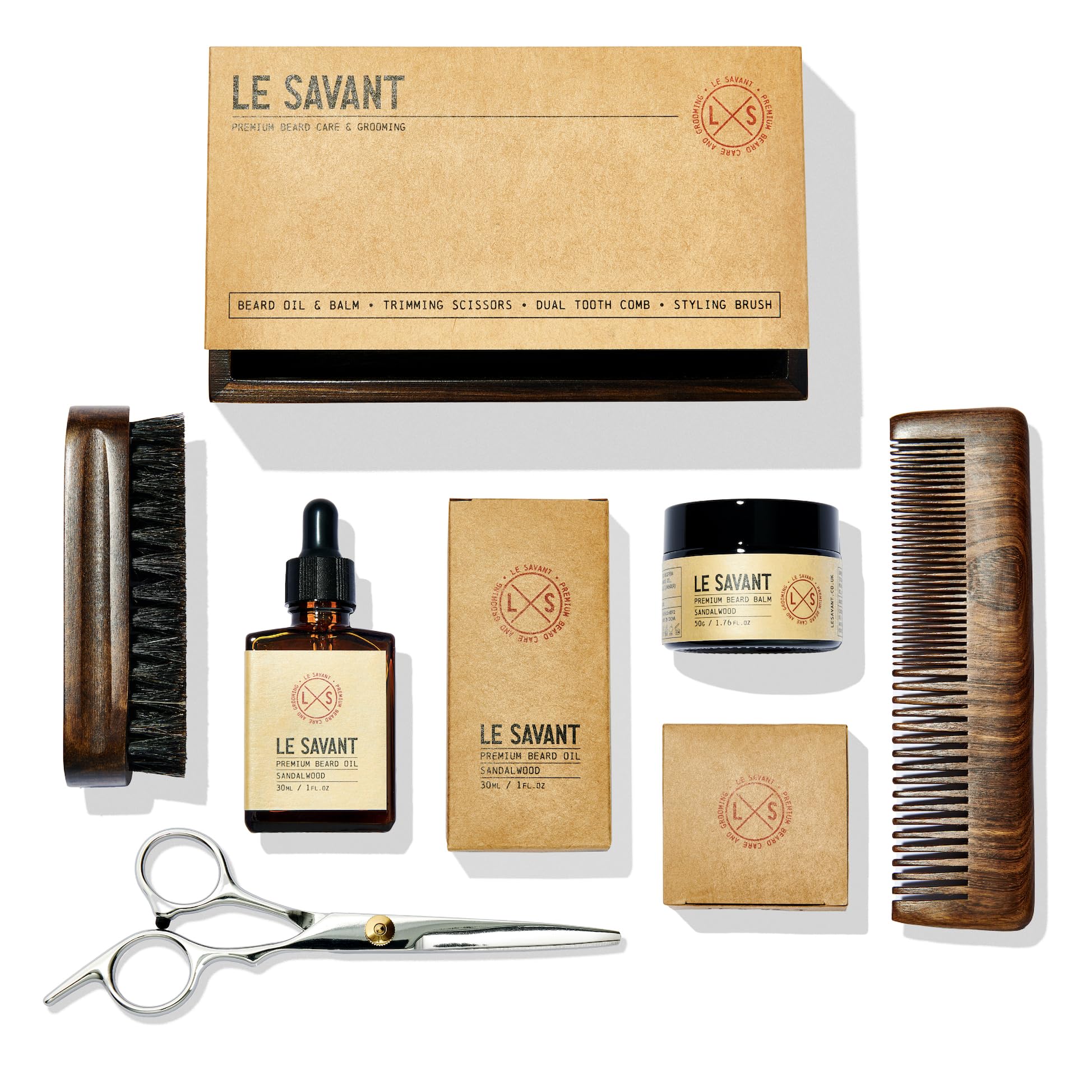 Le Savant Beard Grooming Kit - Premium Beard Oil, Beard Balm, Sandalwood Comb, Styling Brush & Stainless Steel Scissors - Sandalwood Scent - Wooden Gift Box.