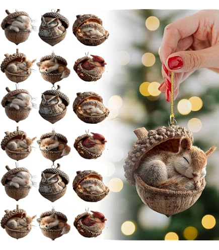 Décorations Noël Animaux Forêt - Lot De 5 Glands Suspendus (renard, Lapin, Hérisson, Hibou, écureuil) - 2D