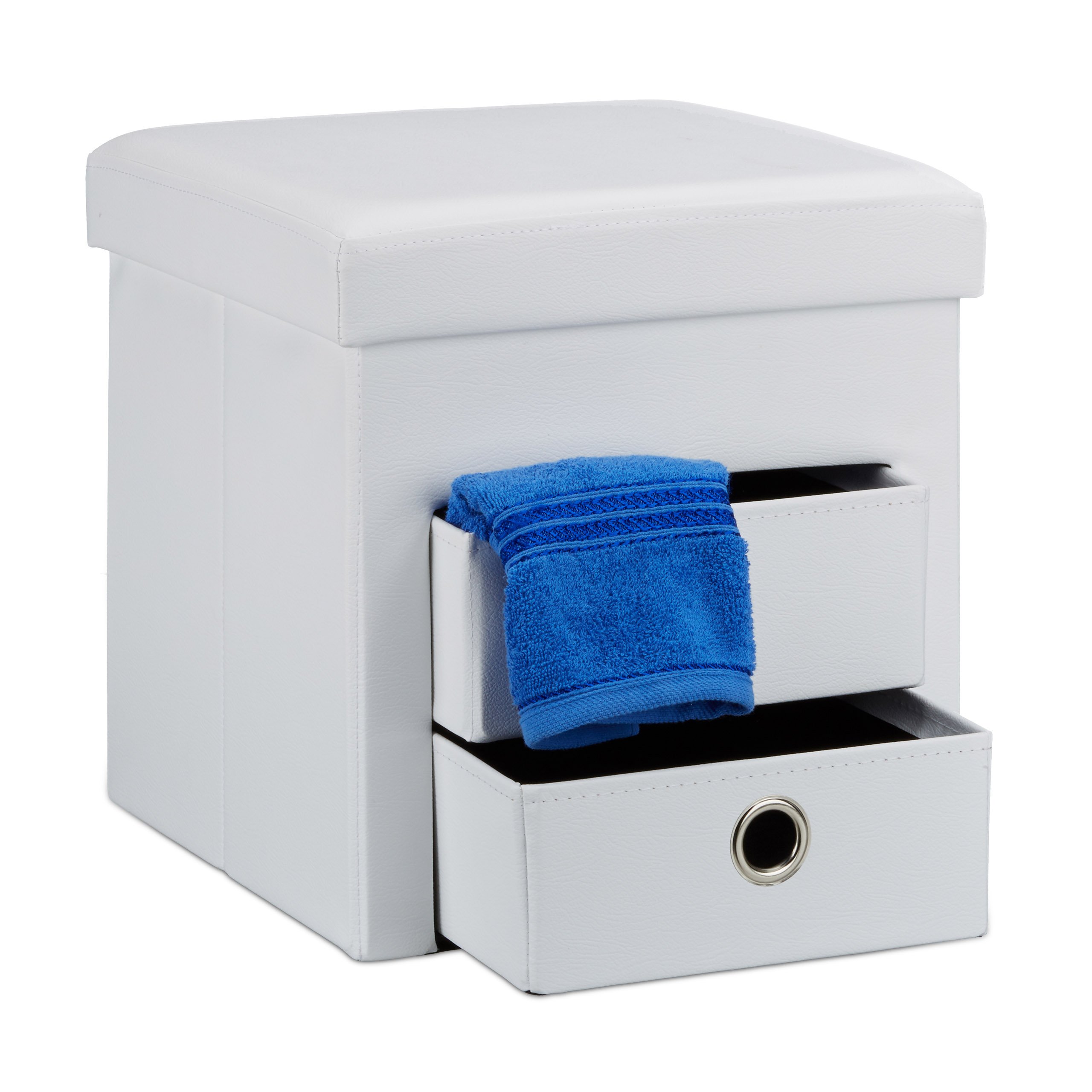 Relaxdays Folding Storage Ottoman with 2 Pull-Out Compartments Drawers, Footstool Total Size: 38 x 38 x 38 cm Faux Leather Seat Pouffe with Foldable Storage Space with Removable Box Stool, White