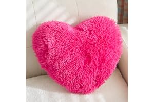 MOOWOO Fluffy Faux Fur Heart Throw Pillow for Valentine's,Mothers Day,Sherpa Plush Fluffy, Solid Color, Heart Shape Pillow for Girls,Hot Pink Love Throw Pillow (Rose Red)