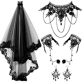 Ferreve 6 Pcs Black Lace Veil Gothic Choker Set Veil with Comb Necklace Bracelet Earring for Women Bridal Wedding Dress