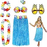 PHOGARY 8 Pack Hula Skirt Costume Kit for Hawaii Luau Party - Dancing Hula with Flower Bikini Top, Hawaiian Lei