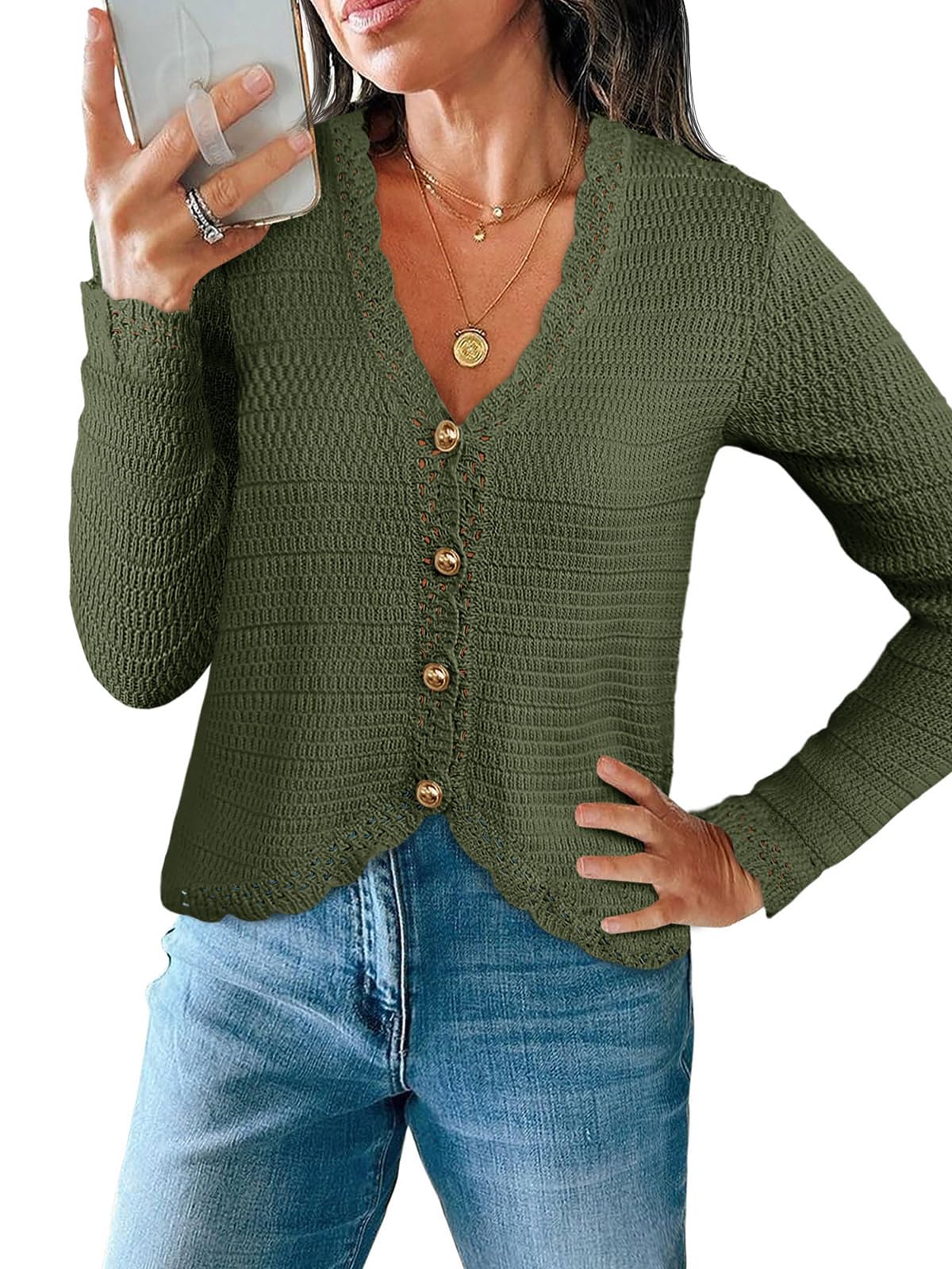Photo 1 of Saodimallsu Womens V Neck Cardigan Sweaters Button Up Cropped Boho Knit Long Sleeve Loose Trendy Sweater Tops Army Green
