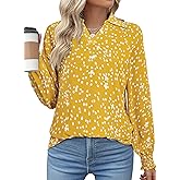 Astylish Women Trendy Lapel Neck Collared Alicia Floral Print Tops Long Sleeve Chiffon Polka Dot Blouses Summer Bohemian Shirts Smocked Yellow Medium