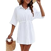 BMJL Womens Swimsuit Coverups White Shirt Bech Dress Button Dwon Drawstring Flare Sleeve Swimwear Cover Ups