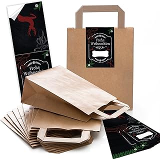 25 braune Papiertüten Geschenk-tüten Weihnachtstüten 18 x 8 x 22 cm kleine Papiertaschen + Weihnachts-Aufkleber FROHE WEIHNACHTEN schwarz rot natur Verpackung Geschenke give-away