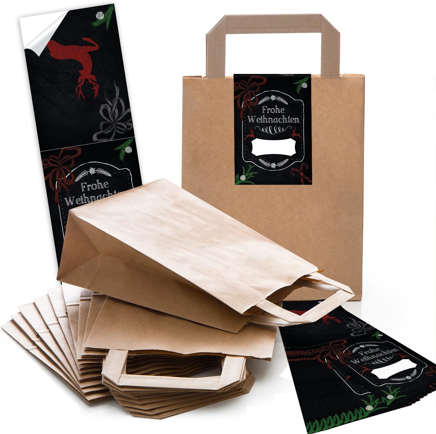 25 braune Papiertüten Geschenk-tüten Weihnachtstüten 18 x 8 x 22 cm kleine Papiertaschen + Weihnachts-Aufkleber FROHE WEIHNACHTEN schwarz rot natur Verpackung Geschenke give-away