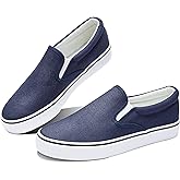 Obtaom Women's White Sneakers Black Slip on Shoes for Women Low Top Canvas Loafers