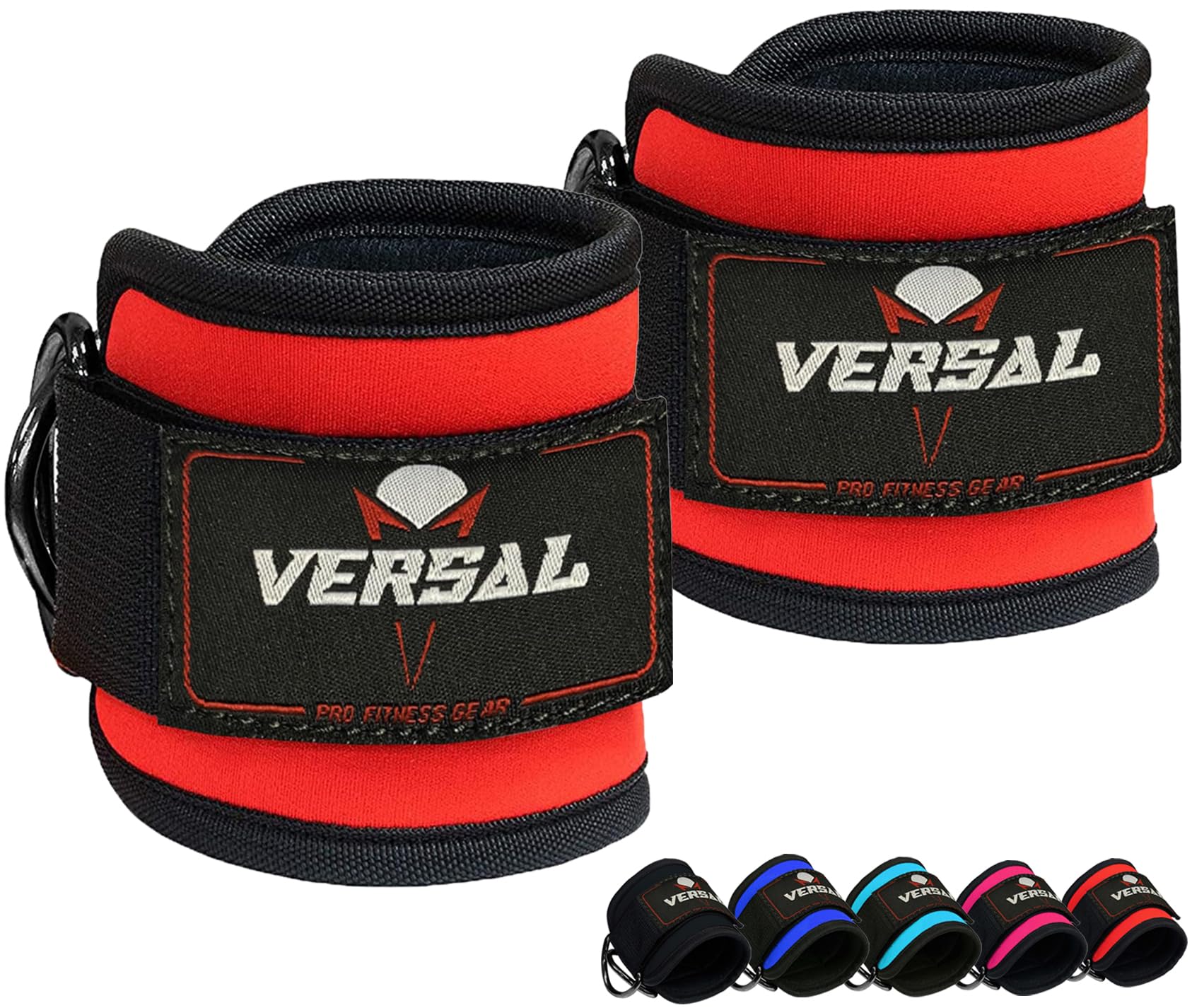 VERSAL Ankle Straps for Cable Machines Attachment Gym Ankle Cuff 7mm Padded Double D Weight Lifting Ankle Strap for Men Women,Glute Workouts,Leg Extensions,Curls,Booty Hip Abductors (Pair, Red)