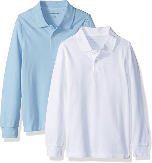 Amazon Essentials Boys' Longsleeve Pique Polo Shirt, Light Blue/White