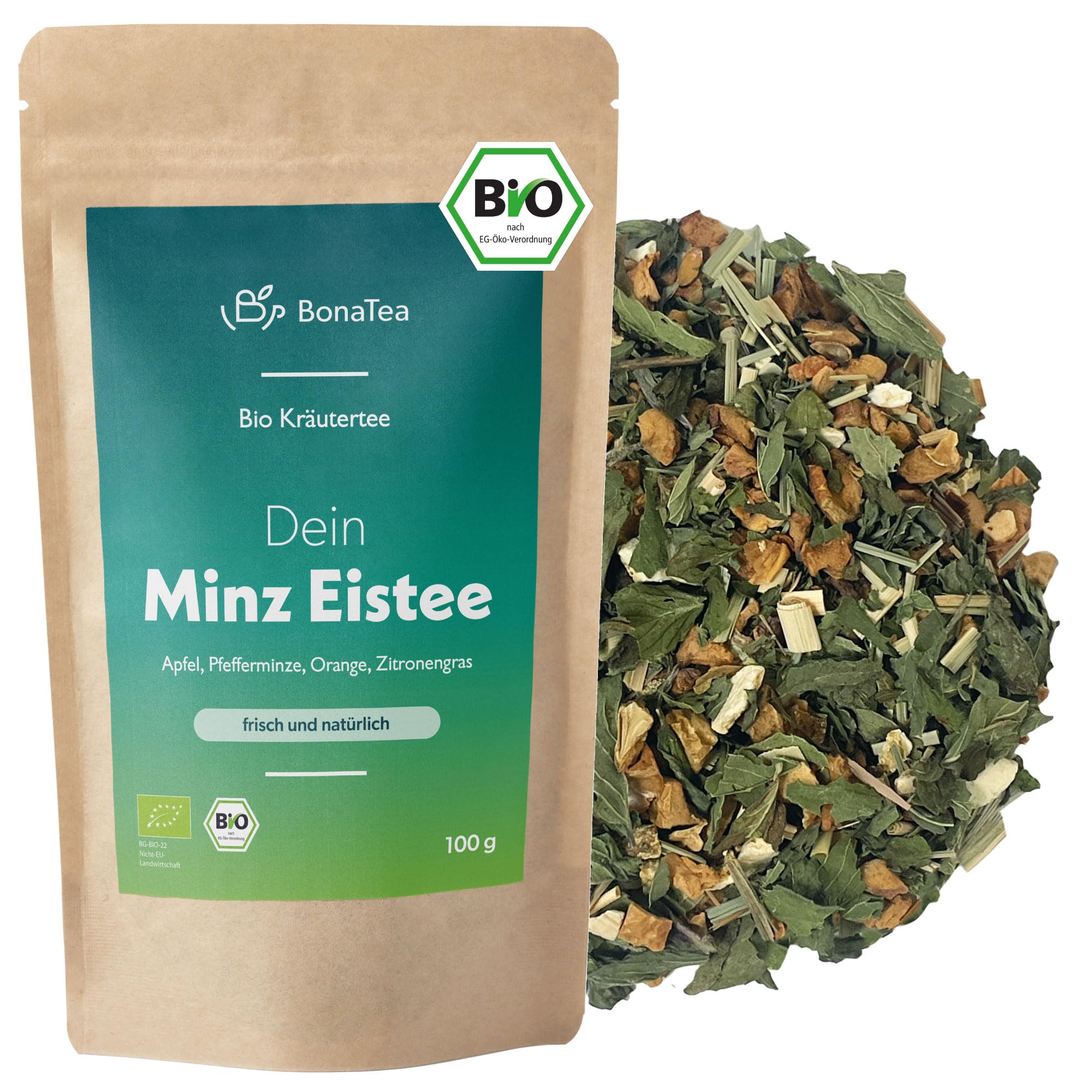 BIO Minz Eistee Lose ohne Aromastoffe, ohne Zucker und ohne Koffein mit natürlicher Minze, Apfel, Orange und Zitronengras 100g