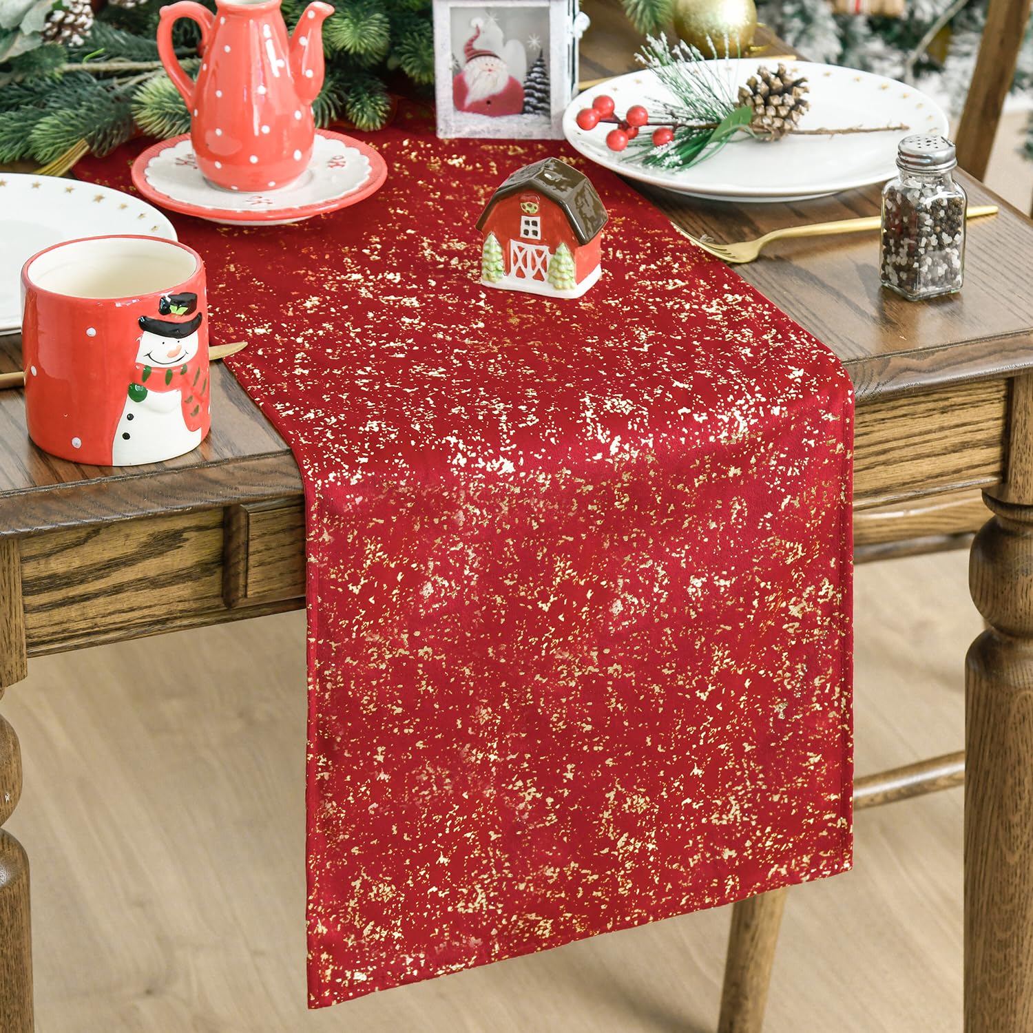 Photo 1 of Artoid Mode Red Dutch Fleece Table Runner, Glitter Metallic Foil Holiday Kitchen Dining Table Decoration for Home Party Decor 13x72 Inch