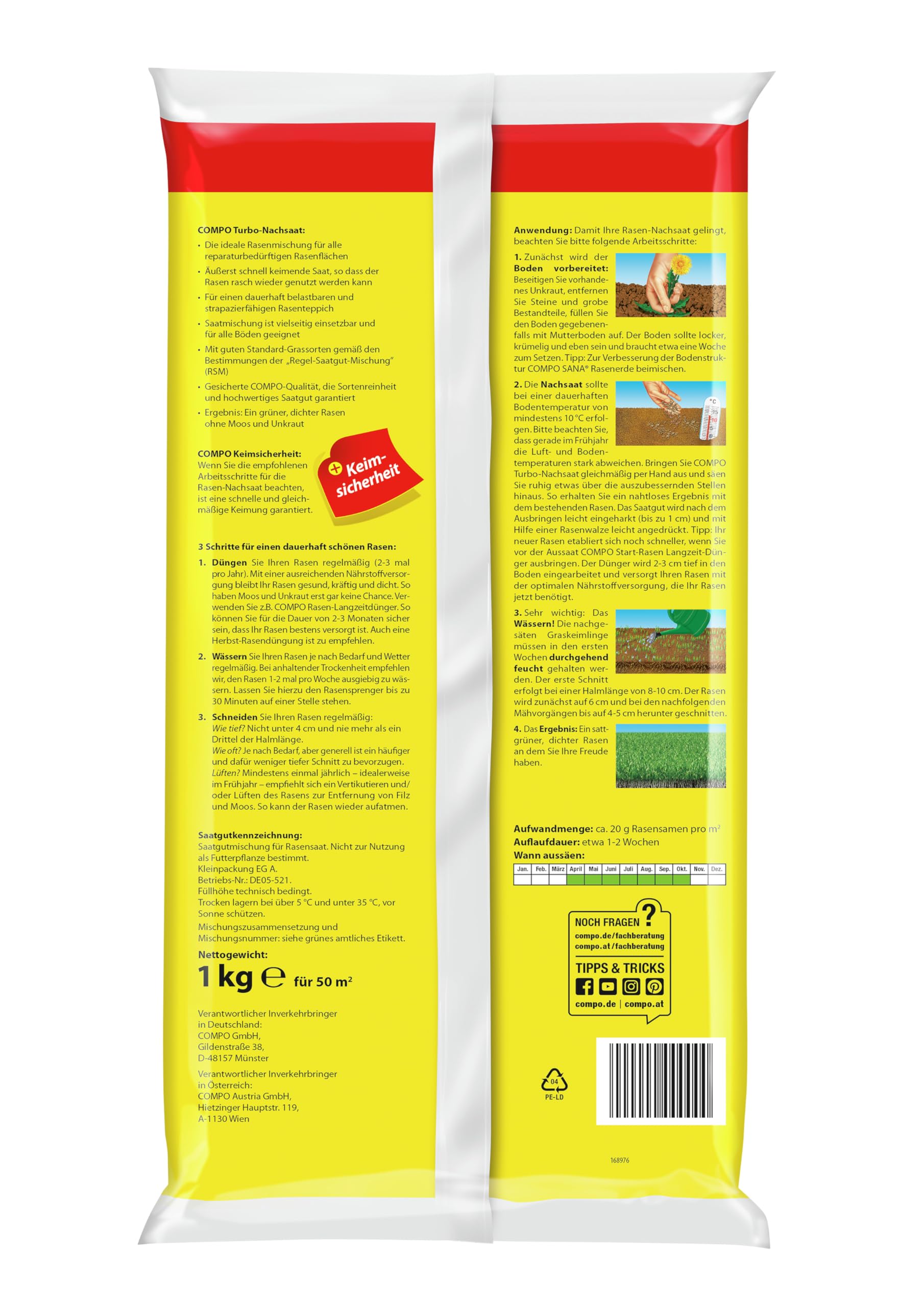 COMPO Turbo Nachsaat, Rasensamen, Schließt besonders schnell und zuverlässig Lücken im Rasen, Mit Keimsicherheit, 1 kg, 50 m² 2