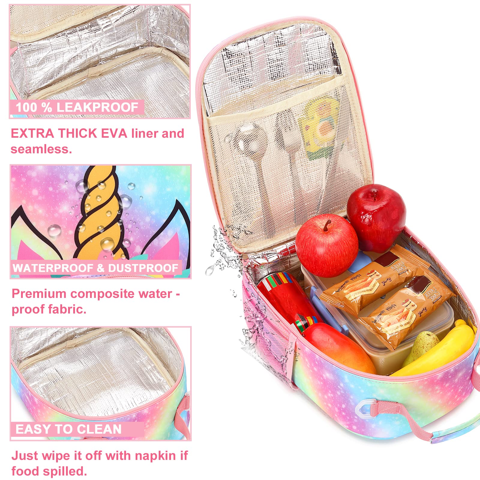 BTOOP Lunch Box Kids Girls Insulated Lunch Bag Toddler Cute Reusable Thermal Meal Cooler Tote Bags with Removable Shoulder Strap for School Travel (O-Rainbow)