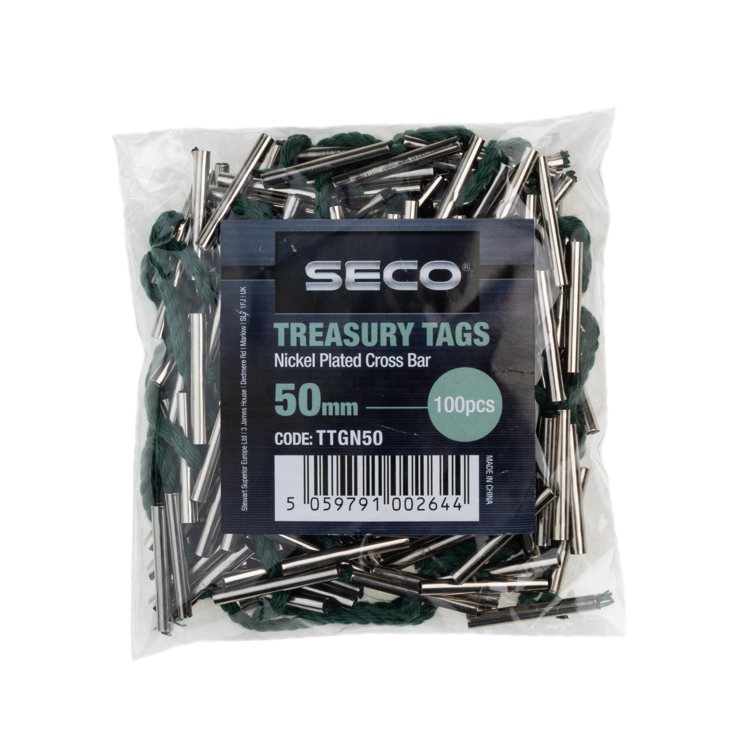 Seco Premium Nickel Plated Cross Bar Treasury Tags, 50mm, Pack of 100 - Green — image 1