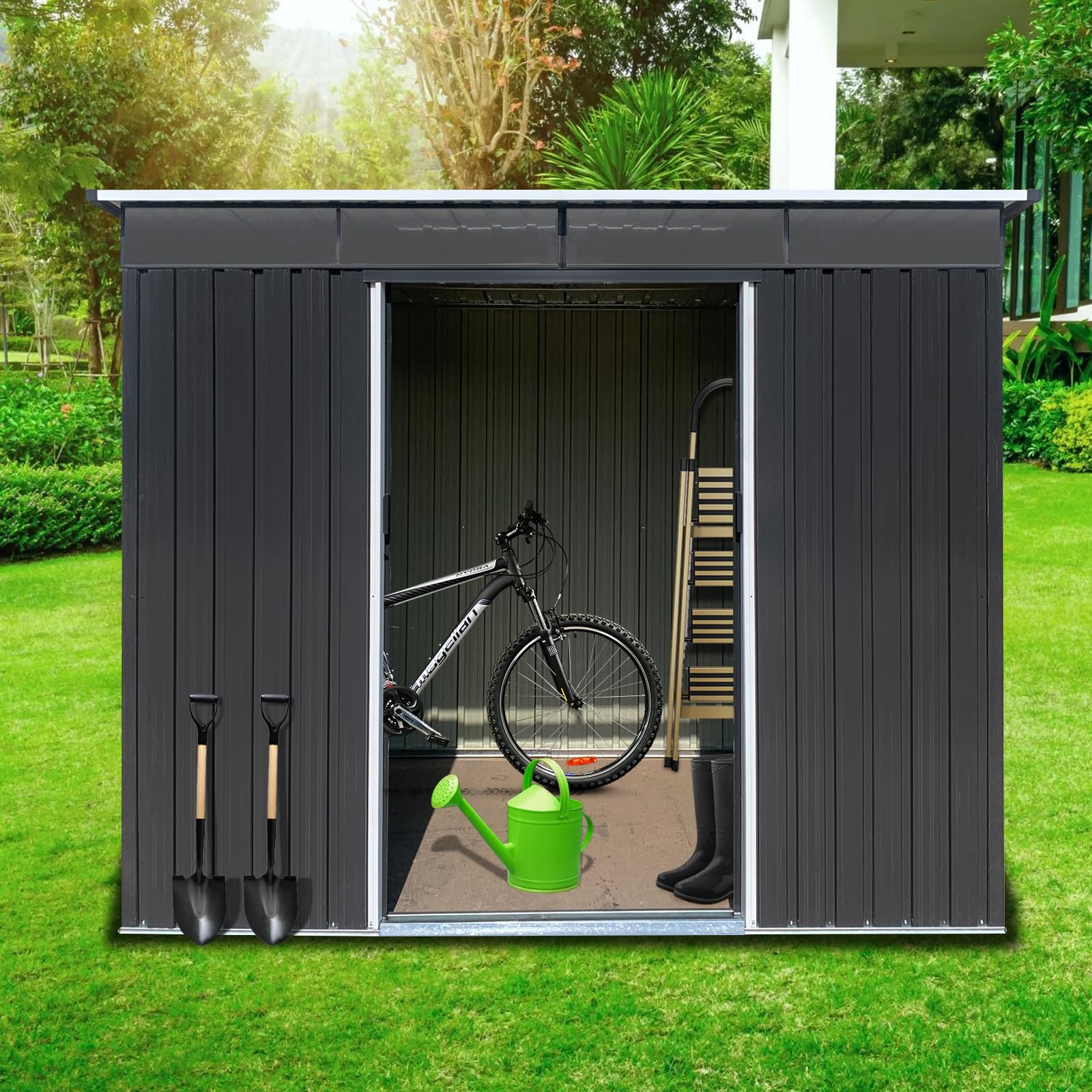 Photo 1 of Zevemomo 8 x 6 ft Outdoor Storage Shed, All Weather Metal Sheds with Transparent Panel Windows & 2 Lockable Sliding Doors, Tool Shed for Garden, Backyard, Lawn, Black