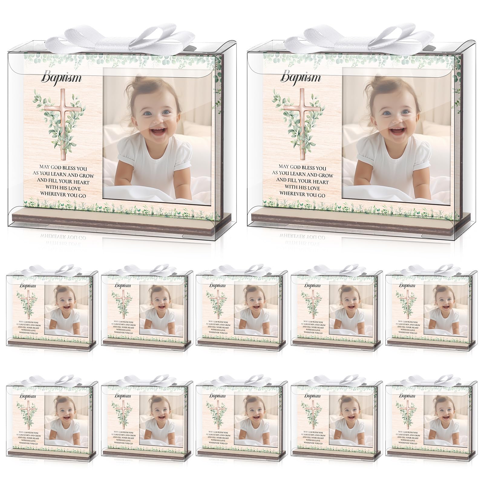 Photo 1 of 12 Set Baptism Photo Frame Wood Picture Frame Catholic Baptism Gifts Baby Shower Favor with Bows and Clear Plastic Boxes for Religious First Communion Decor (White)