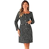 Allegra K Long Sleeve Tweed Dresses for Women's Square Neck Elegant Cocktail Plaid Dress