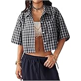 SOLY HUX Women's Button Down Vintage Plaid Shirts Short Sleeve Crop Blouses Preppy Clothes