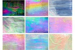 PALJOLLY 9 Sheets Stained Glass Sheet, 4 x 6 inch Iridescent Glass Sheets Mosaic Glass Supplies Assorted Rainbow Iridescent Colors for Glass Hobby Projects and Mosaics