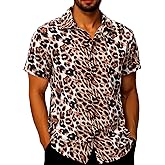 JG JENNY GHOO Men's Leopard Print Shirt Summer Short Sleeve Cheetah Animal Print Hawaiian Button-Down Shirts