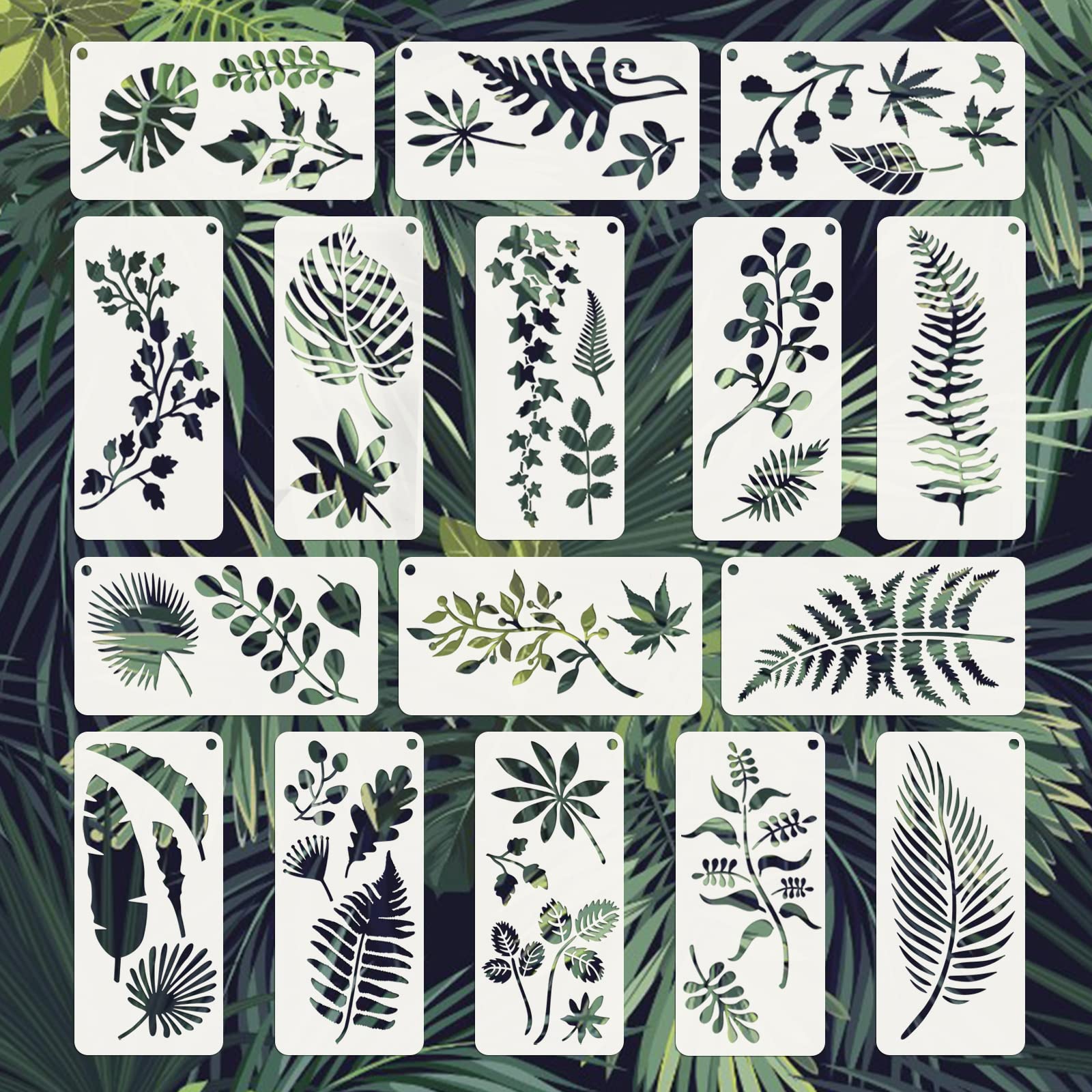 WANDIC Tropical Leaf Stencils, 16 Pieces Large Fern Palm Leaf Pattern Stencils Botanical Leaf Templates for Wall Home Painting Decoration Art Crafts Making