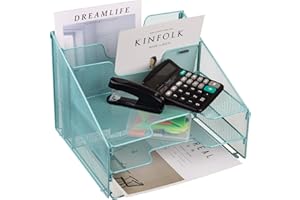 VANRA Metal Mesh Desktop File Sorter Organizer Desk Tray Organize with 3 Letter Trays and 2 Vertical Upright Sections, Turquoise Green
