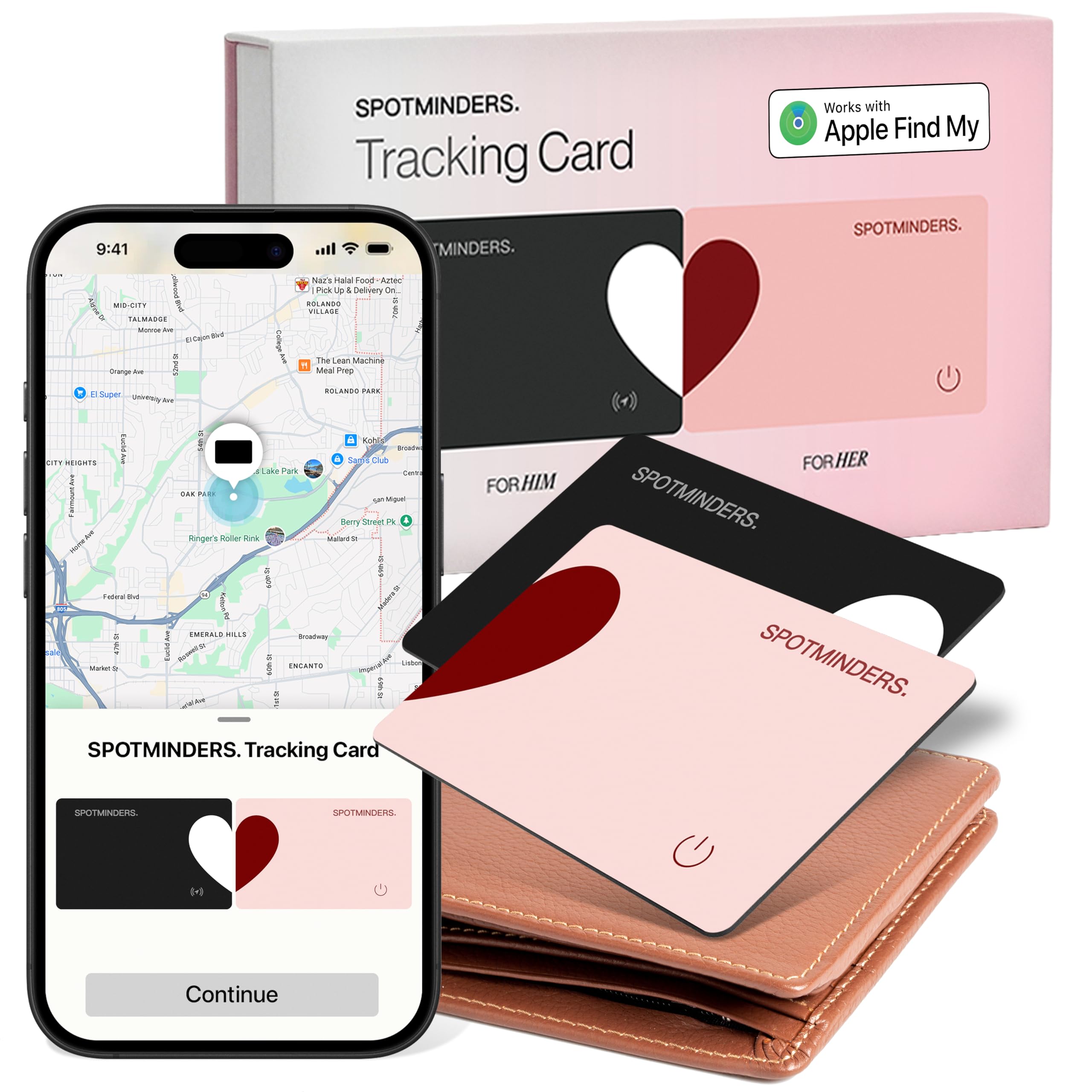 SPOTMINDERS for Couple - Apple MFi Certified Wallet Tracker Bundle for Couples Black & Pink (iOS Only) 0.07in Works with Apple Find My Rechargeable Tracking Card Slim Item Finder Image