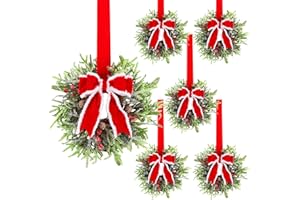 Hausse 6 Pcs Christmas Wreath, 12" Christmas Mini Wreaths for Cabinets with Red Bows, Artificial Small Xmas Wreaths Hanging Decoration Garlands for Kitchen Window Farmhouse Chair Wall Front Door