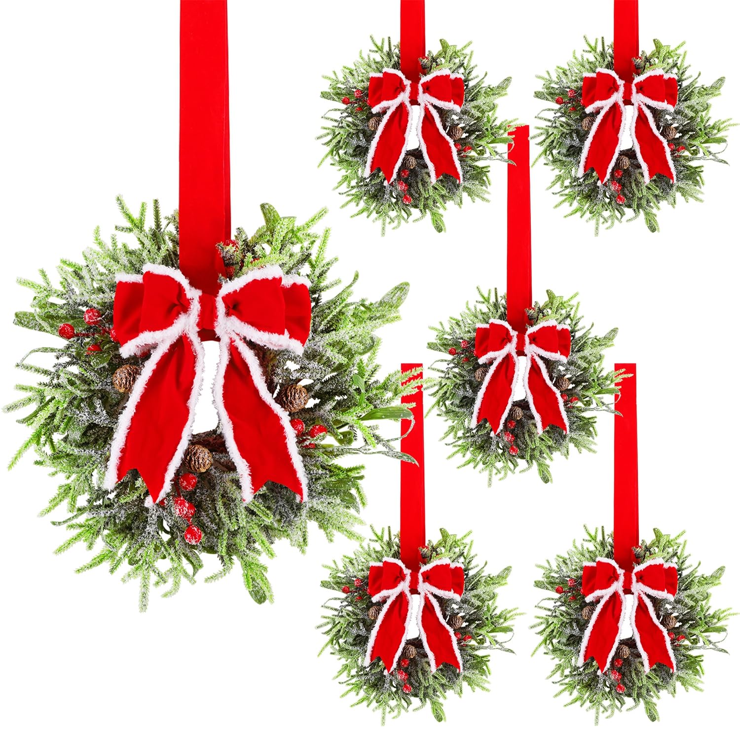 Photo 1 of Hausse 6 Pcs Christmas Wreath, 12" Christmas Mini Wreaths for Cabinets with Red Bows, Artificial Small Xmas Wreaths Hanging Decoration Garlands for Kitchen Window Farmhouse Chair Wall Front Door