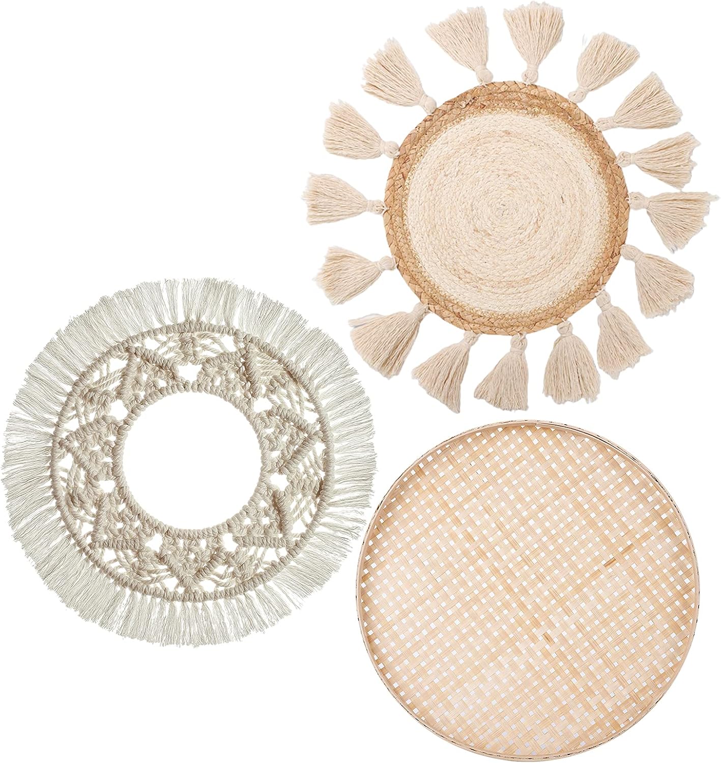 Tapestries - LOCS MICRAI Boho Wall Hanging Decor，Flat Round Woven Macrame Tassels White Tapestry Bamboo Wall Basket Serving Tray Art Set for Room Bedroom Living Room Chic Mandala Wall Decor Aesthetic