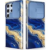 GVIEWIN for Samsung Galaxy S23 Ultra Case with Slide Camera Cover, [Military Grade Drop Protection] Slim Marble Design Best Shockproof Protective Phone Case Fit S23 Ultra 5G 6.8" (Cerulean Flow/Blue)