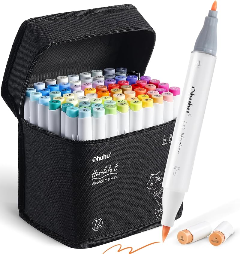 Ohuhu 72 Color Alcohol Markers Brush Tip Set AP Certified Refillable Dual Tips