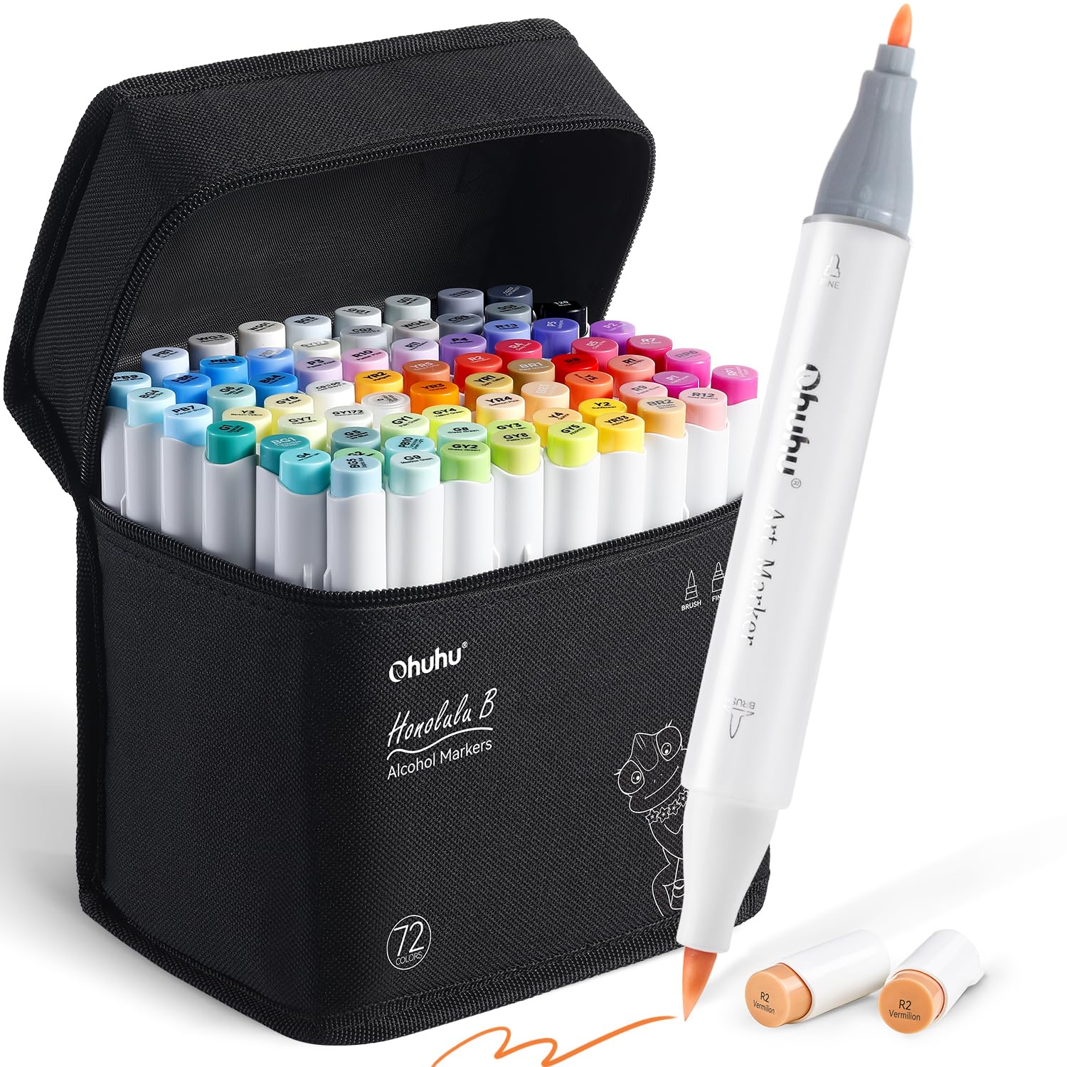 Ohuhu Alcohol Markers Brush Tip - AP Certificated Double Tipped Art Marker Set for Artist Adults Coloring Illustration- 72 Colors - Refillable - Fine and Brush Dual Tips - Honolulu B of Ohuhu Markers