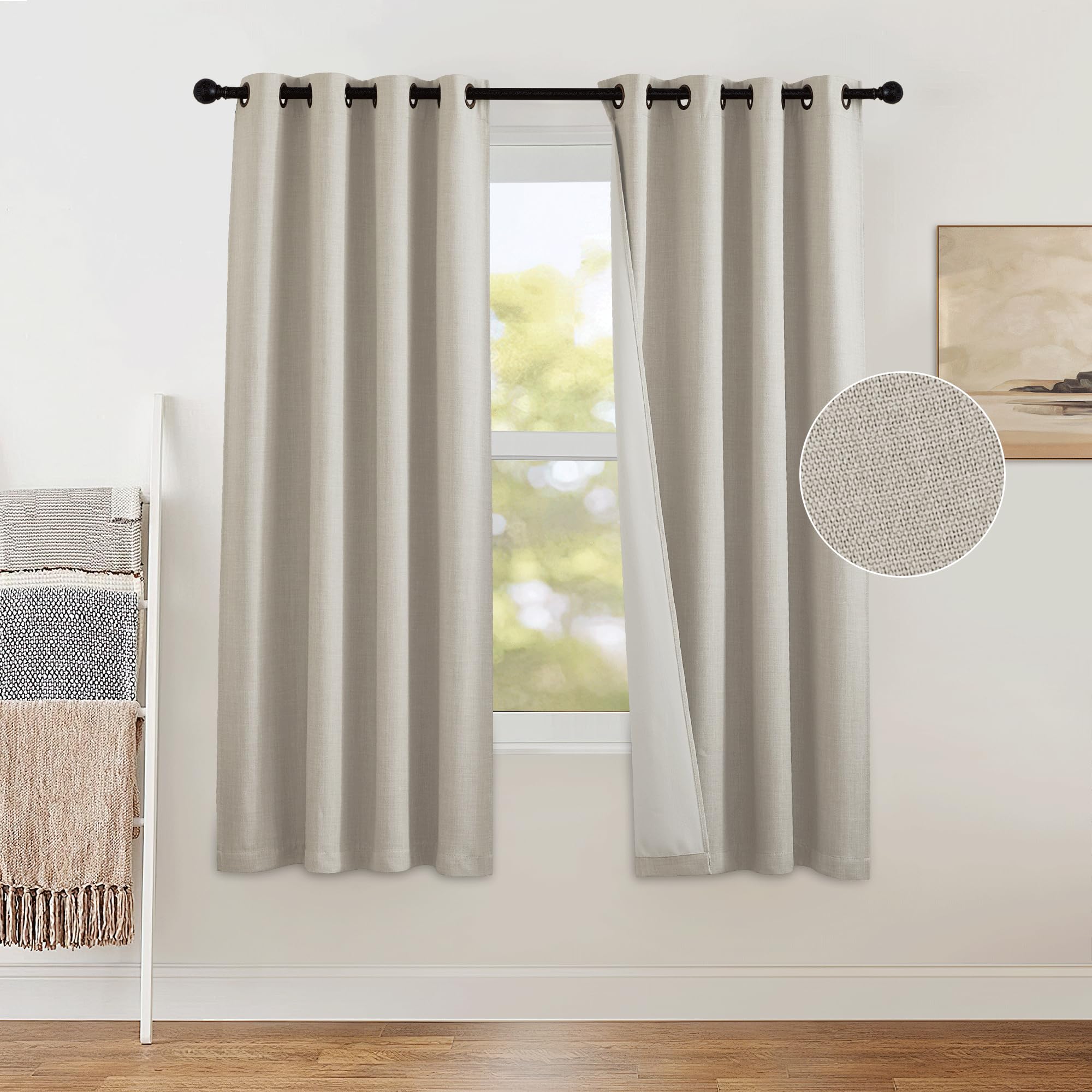 PONY DANCE Linen Curtains for Bedroom - Long Blackout Curtains with Top Eyelet, Soundproof Privacy Thermal Insulated Curtains for Living Room, 1 Pair Boho Window Drapes, 46 Wide x 72 Drop, Angola