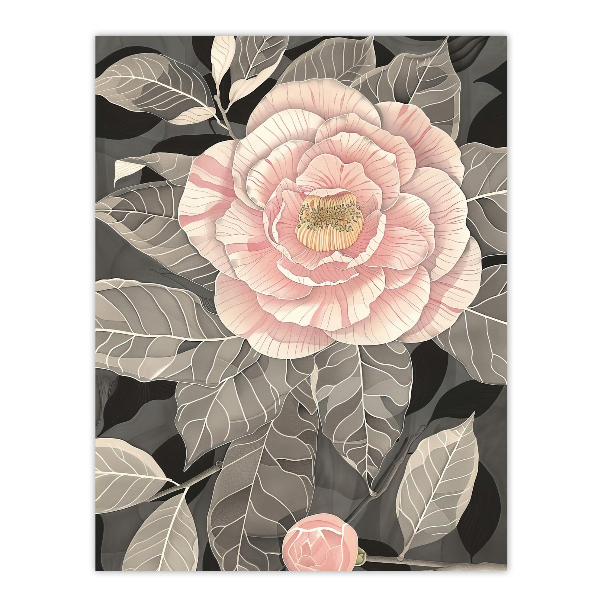 Artery8 Stylised Pink Camellia Flower Pastel Colour Living Room Extra Large XL Wall Art Poster Print