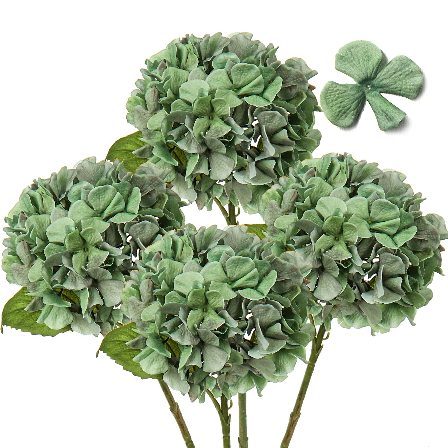 Hollyone 4 pcs Green Hydrangea Artificial Flowers with 16.9'' Long Stem, Fake Flowers Dried Flowers, Artificial Hydrangea Plants for Kitchen, Home Decor, Party, Wedding Decorations — image 1