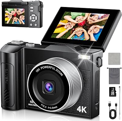 4K Macchina Fotografica 48MP Autofocus Fotocamera Digitale Compatta 2.8'' Schermo Flip 180° con Zoom 16X Vlogging Camera con 32G Scheda per Adolescenti Principianti Adulti (Nero)
