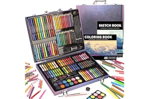 KINSPORY 150PC Art Set for Kids with Sketch Book, Coloring Art Kit, Wooden Drawing Art Supplies Case, Markers Crayon Colour P