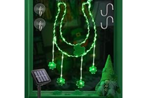 BEEWIN St Patricks Day Solar Lights Outdoor,12in 59 LED Lighted Horseshoe Shamrock St. Patrick's Day Decorations Window Lights,Hanging Green Light for Outside Indoor Tree Yard Garden Wall Door Glass