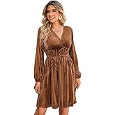 R.Vivimos Womens Fall Winter Velvet Striped Mini Dress 2026 Long Sleeve V Neck Elastic High Waist Elegant Casual A-Line Dress
