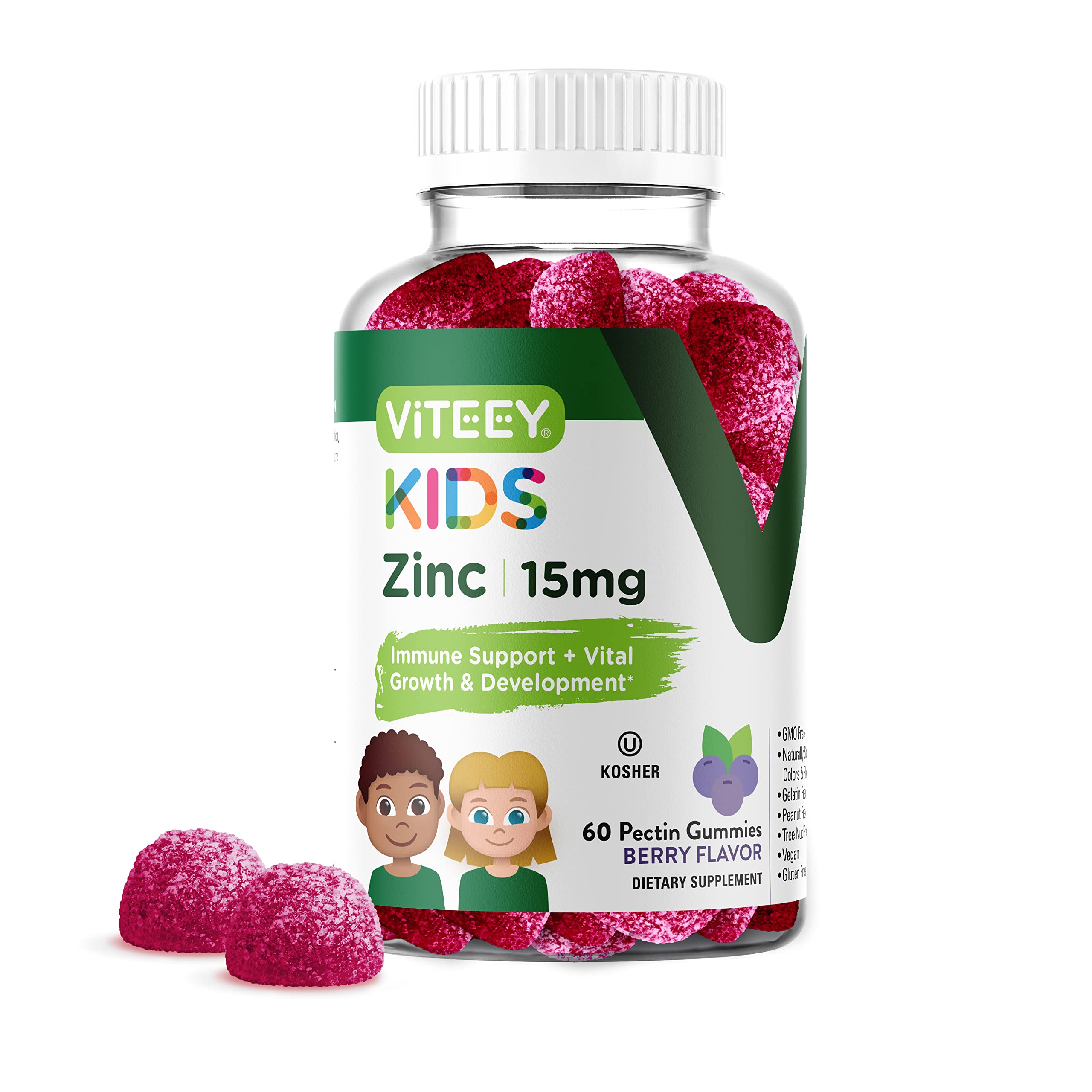 Viteey Zinc for Kids Gummies, 15mg - Immune Support - Powerful Natural Antioxidant, Kids Zinc Vitamin Supplement - Vegan, Gelatin Free, Gluten Free - Tasty Chewable Berry Flavor Gummy