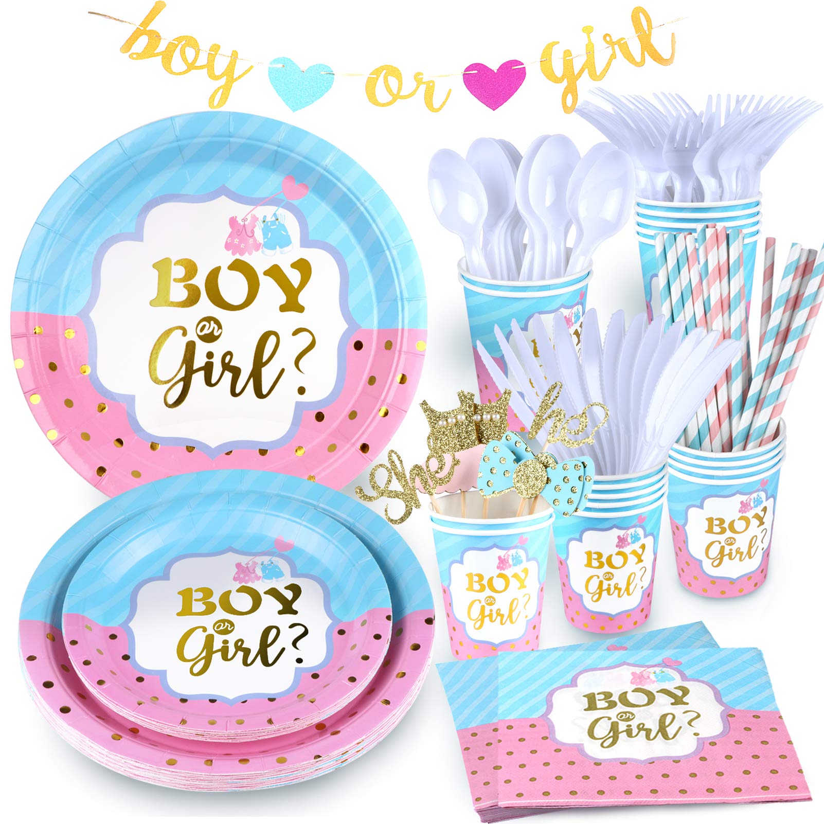 Gender Reveal Plates and Napkins and Cups, 159 PCS Boy or Girl Gender Reveal Party Supplies with Banner, Tablecloth, Cake Topper, Cutlery, Straws for Gender Reveal Decorations - Serves 16