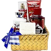 Bath & Body Works Winter Candy Apple - Gold Woven Basket 4 Piece Gift Set - Fine Fragrance Mist, Body Cream, Shower Gel and Body Lotion With a Natural Oats Sample Soap