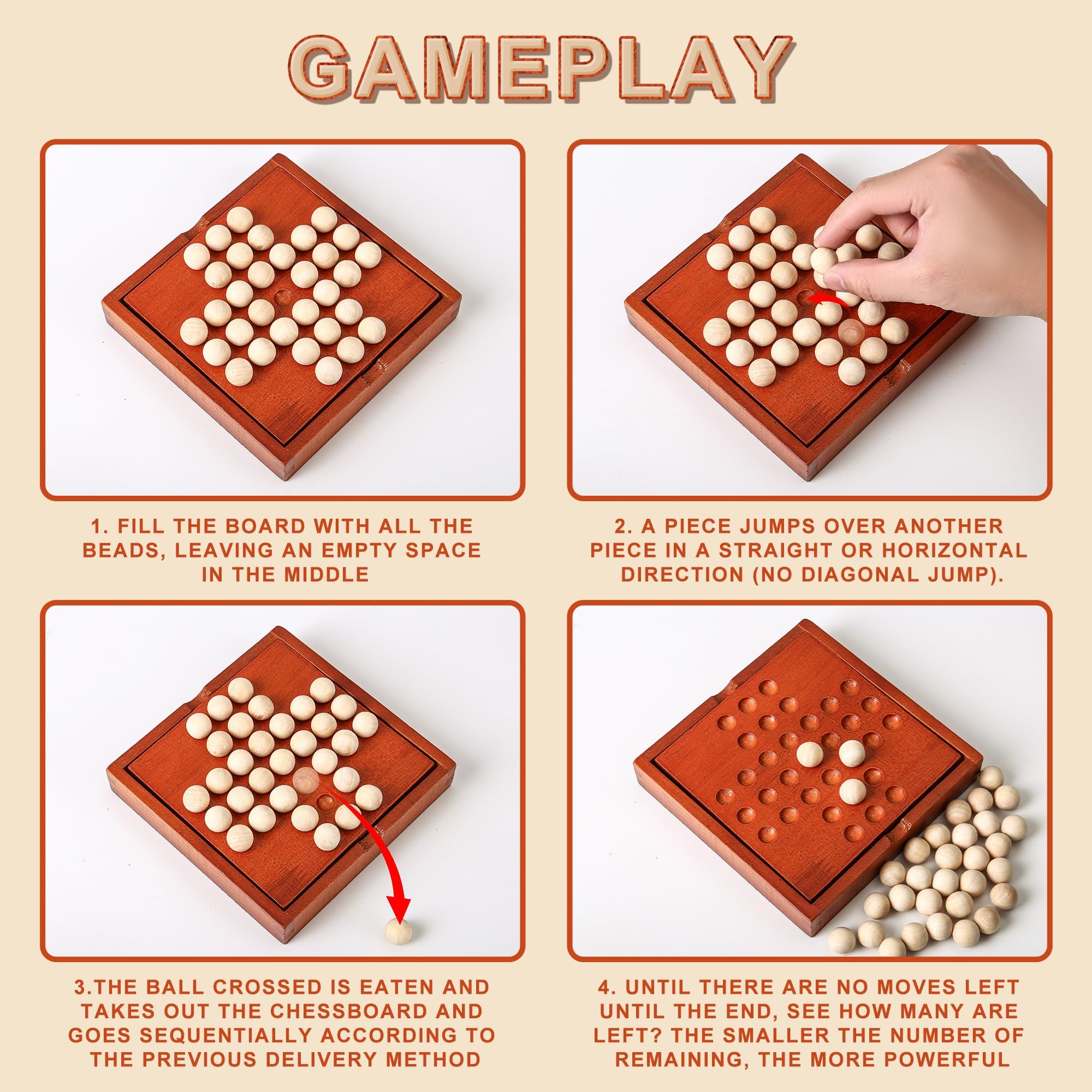 AIUAZA Hölzerne Mini-Reisespiele, Klassische hölzerne Brettspiele, Einzelspieler-Spiele, Kinder-Puzzle-Spielzeug, Indoor-Party Versammlung Tischplatte Puzzle-Spiel (Jump All but one) 2